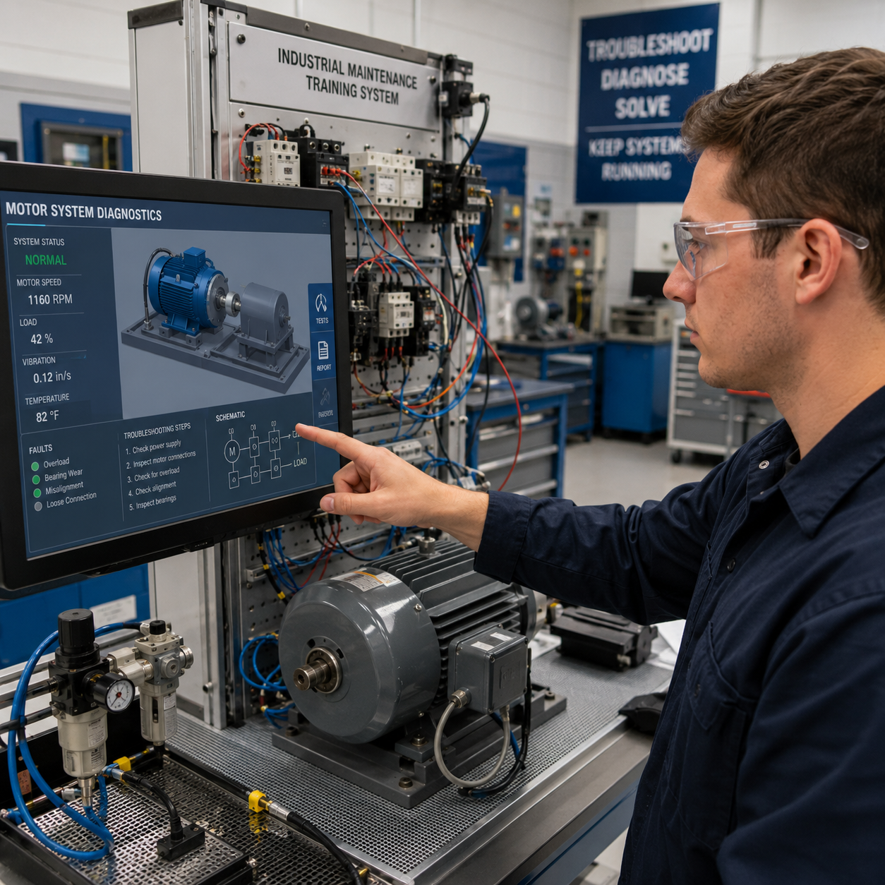 A maintenance technician or trainee studies a simulation screen, control panel, or equipment diagnostic interface while working near motors, wiring, pneumatics, or hydraulic components. 