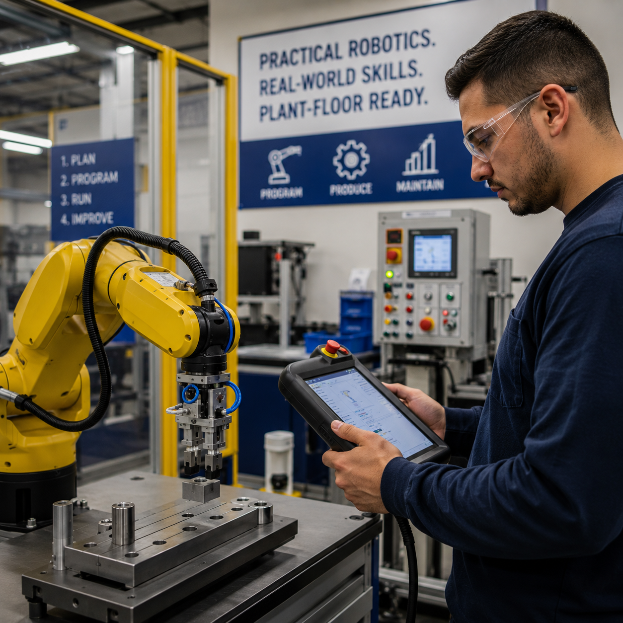 A trainee observes or programs a compact industrial robotic arm in a clean manufacturing training environment. Include a teach pendant, tablet, or control station.