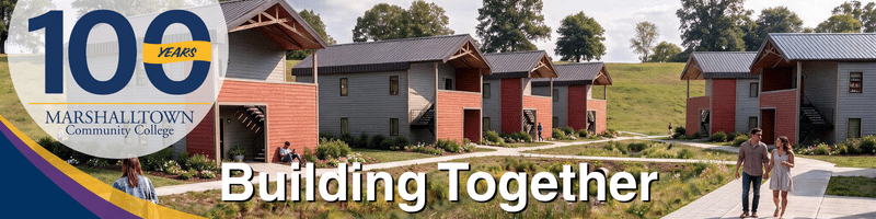 Building Together and the MCC 100 logo atop concept visuals of the student housing project at MCC.