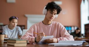 a-stock-photo-of-a-student-in-class-wearing-headphones-and-taking-notes